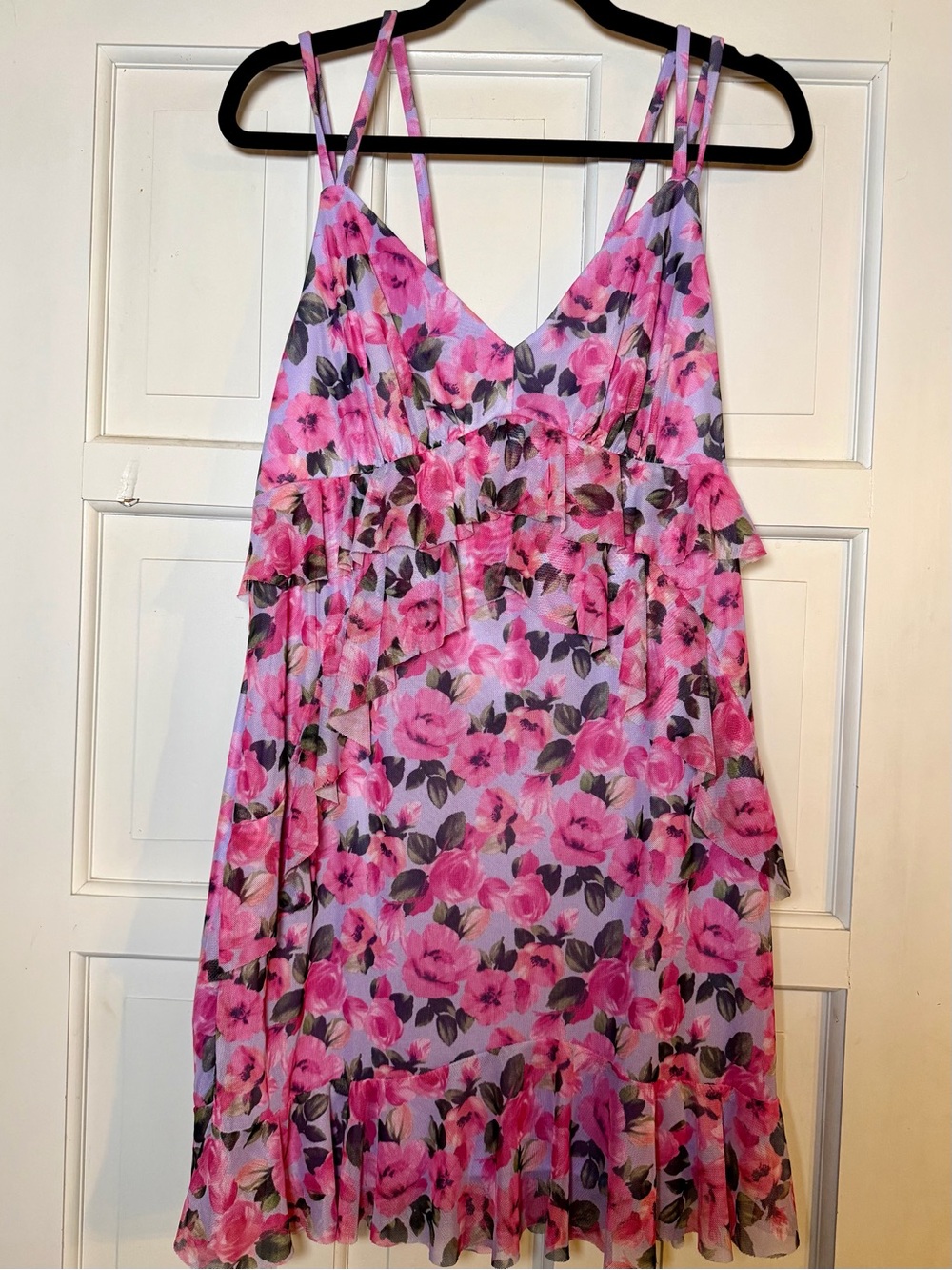 Morgan & Co. Pink Floral Ruffle Tiered Spaghetti Strap Mini Dress